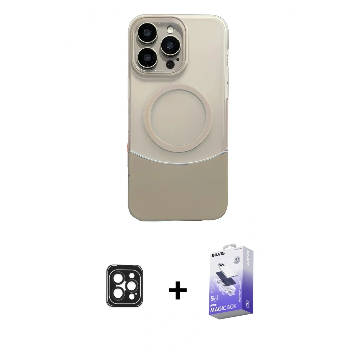 MARSİLYAN™- iPhone 16 Pro Max Kılıf Kozmos Form Özel Seri - Siyah Bilvis 5in1 5D Magic Hayalet Cam Ekran Koruyucu + PVD Metal Kamera Lens - SH