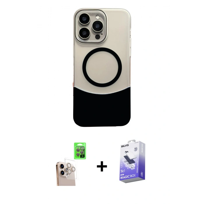 MARSİLYAN™- iPhone 16 Pro Max Kılıf Kozmos Form Özel Seri - Siyah Bilvis 5in1 5D Magic Hayalet Cam Ekran Koruyucu + Raze Metal Kamera Lens - NLGY