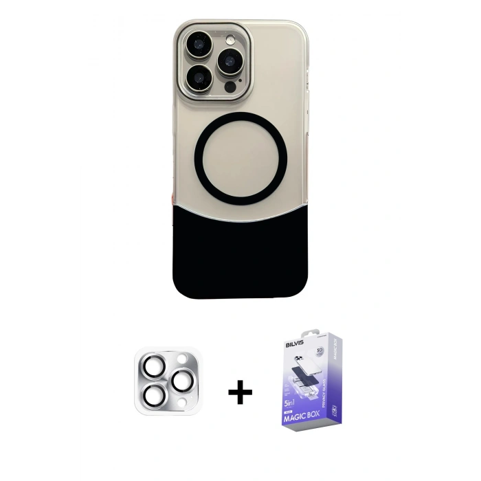 MARSİLYAN™- iPhone 16 Pro Max Kılıf Kozmos Form Özel Seri - Siyah Bilvis 5in1 5D Magic Hayalet Cam Ekran Koruyucu + Pers Alüminyum Kamera Lens - GS