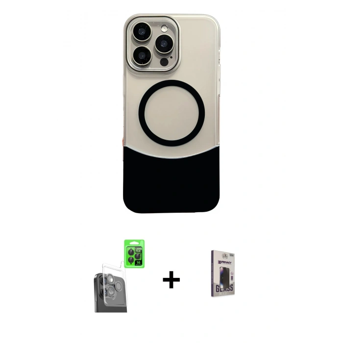 MARSİLYAN™- iPhone 16 Pro Max Kılıf Kozmos Form Özel Seri - Siyah Bilvis Hayalet Cam Ekran Koruyucu + Siyah Raze Metal Kamera Lens