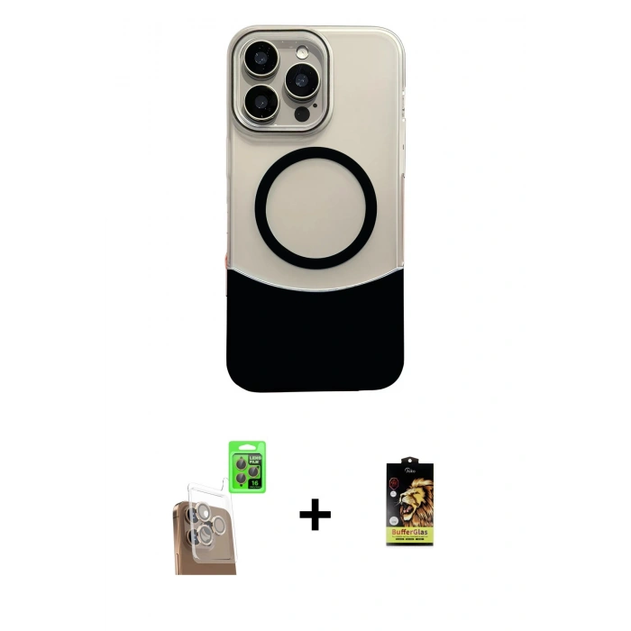 MARSİLYAN™- iPhone 16 Pro Max Kılıf Kozmos Form Özel Seri - Siyah Buffer Cam Ekran Koruyucu + Çöl Titanyum Raze Metal Kamera Lens