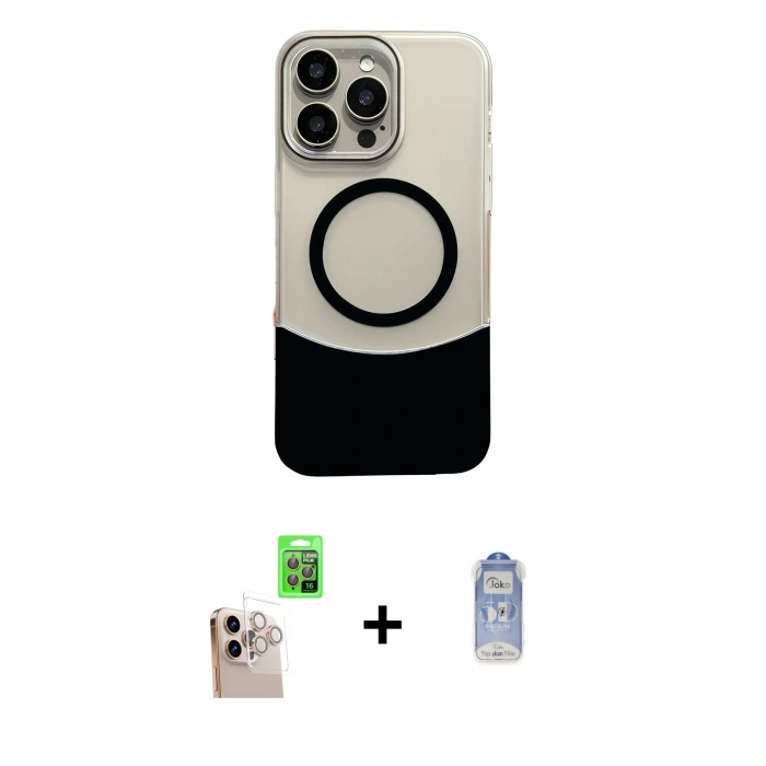 MARSİLYAN™- iPhone 16 Pro Max Kılıf Kozmos Form Özel Seri - Siyah Joko Magic 5D Cam + Natural Grey Raze Metal Kamera Lens