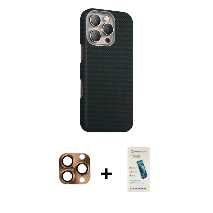 MARSİLYAN™- iPhone 16 Pro Max Kılıf Kozmos Klasik Prime - Şeffaf Pasifik Cam Ekran Koruyucu + Çöl Titanyum Pers Alüminyum Kamera Lens