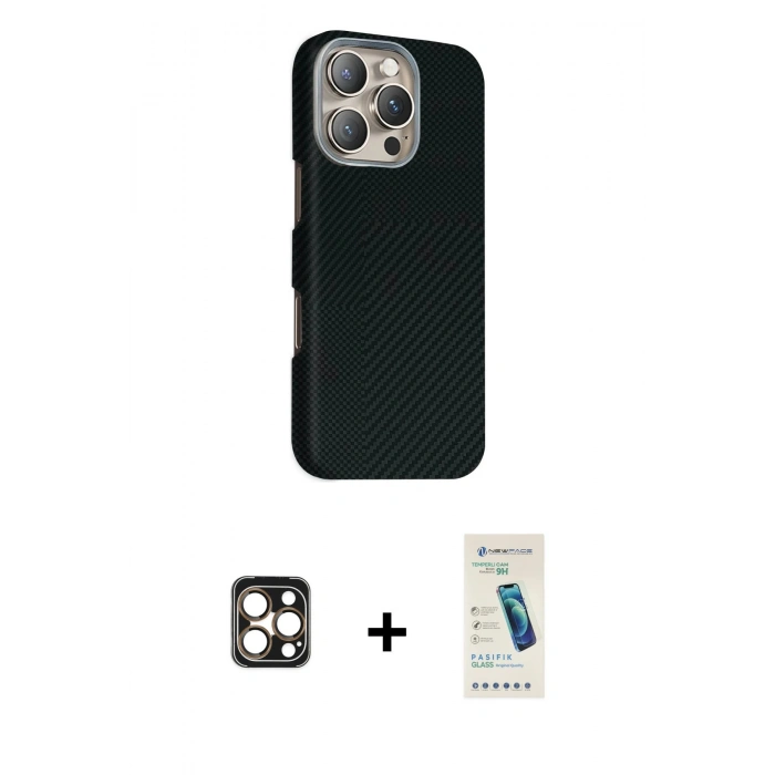 MARSİLYAN™- iPhone 16 Pro Max Kılıf Kozmos Klasik Prime - Şeffaf Pasifik Cam Ekran Koruyucu + PVD Metal Kamera Lens - GD