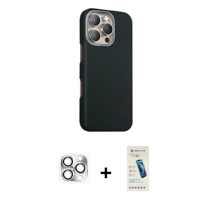 MARSİLYAN™- iPhone 16 Pro Max Kılıf Kozmos Klasik Prime - Şeffaf Pasifik Cam Ekran Koruyucu + Gümüş Pers Alüminyum Kamera Lens