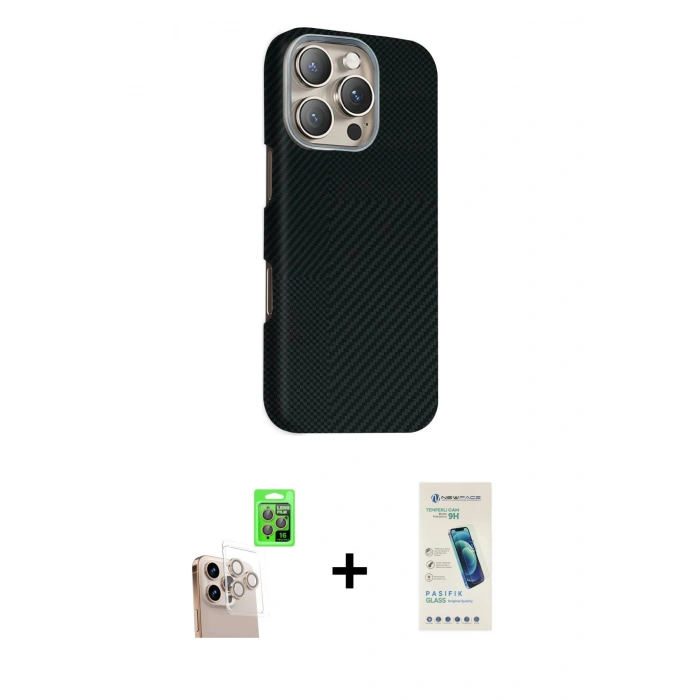 MARSİLYAN™- iPhone 16 Pro Max Kılıf Kozmos Klasik Prime - Şeffaf Pasifik Cam Ekran Koruyucu + Natural Grey Raze Metal Kamera Lens