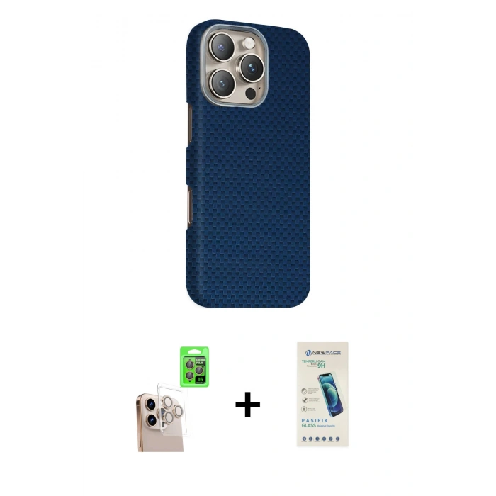 MARSİLYAN™- iPhone 16 Pro Max Kılıf Kozmos Klasik Prime - Şeffaf Pasifik Cam Ekran Koruyucu + Natural Grey Raze Metal Kamera Lens