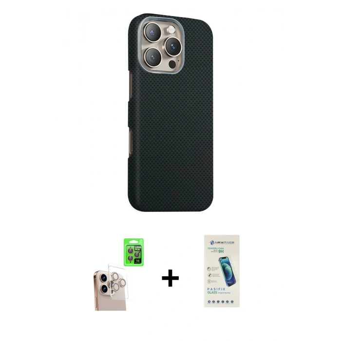 MARSİLYAN™- iPhone 16 Pro Max Kılıf Kozmos Klasik Prime - Şeffaf Pasifik Cam Ekran Koruyucu + Natural Grey Raze Metal Kamera Lens