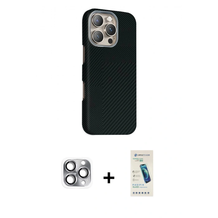 MARSİLYAN™- iPhone 16 Pro Max Kılıf Kozmos Klasik Prime - Şeffaf Pasifik Cam Ekran Koruyucu + Pers Alüminyum Kamera Lens - GI