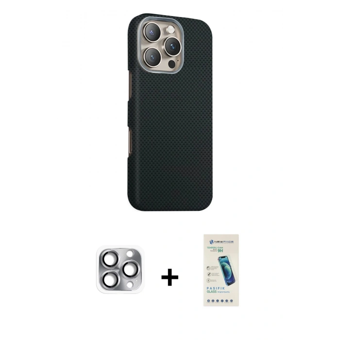 MARSİLYAN™- iPhone 16 Pro Max Kılıf Kozmos Klasik Prime - Şeffaf Pasifik Cam Ekran Koruyucu + Pers Alüminyum Kamera Lens - GI