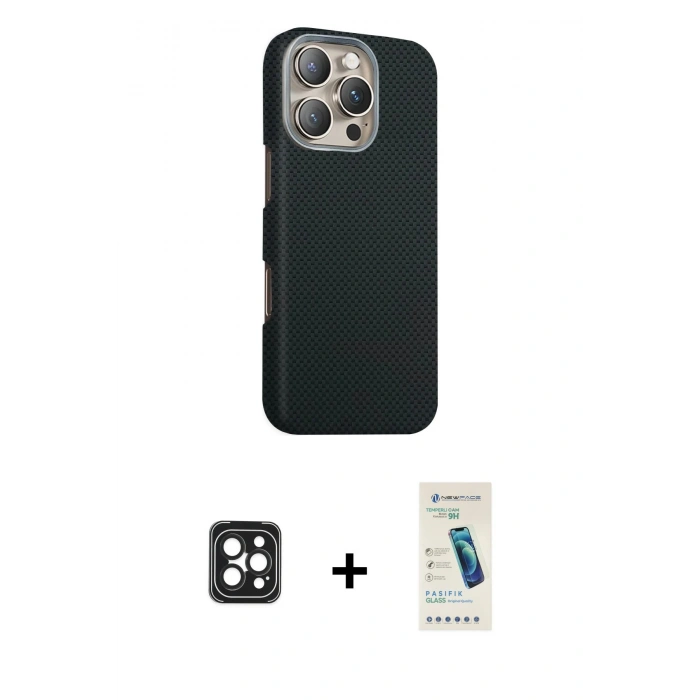 MARSİLYAN™- iPhone 16 Pro Max Kılıf Kozmos Klasik Prime - Şeffaf Pasifik Cam Ekran Koruyucu + PVD Metal Kamera Lens - SH