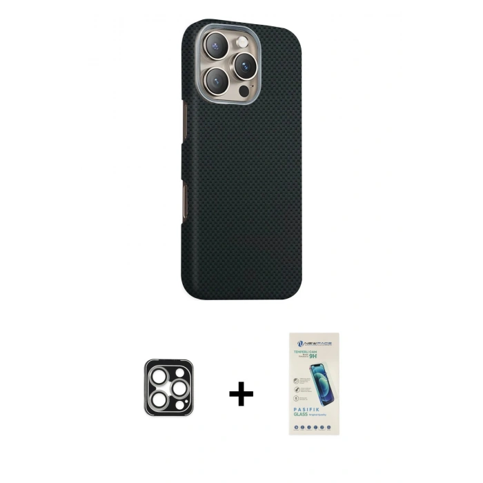 MARSİLYAN™- iPhone 16 Pro Max Kılıf Kozmos Klasik Prime - Şeffaf Pasifik Cam Ekran Koruyucu + PVD Metal Kamera Lens - GS
