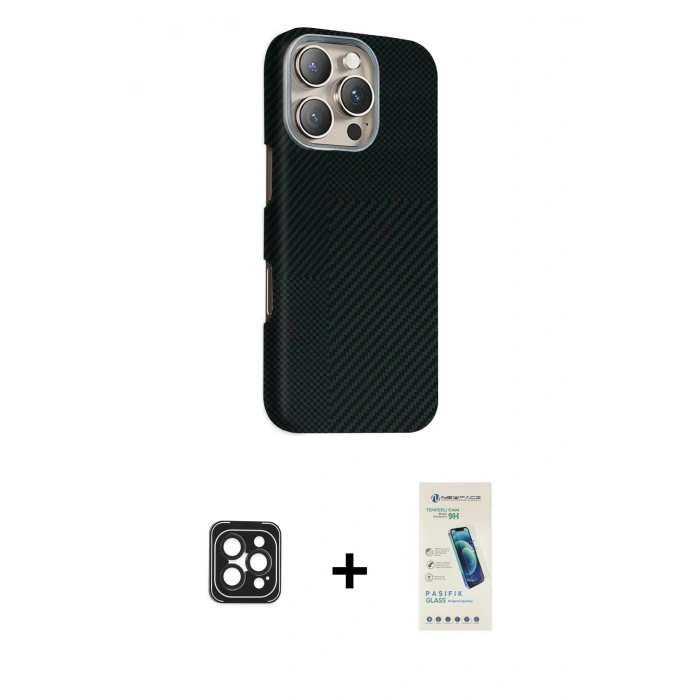 MARSİLYAN™- iPhone 16 Pro Max Kılıf Kozmos Klasik Prime - Şeffaf Pasifik Cam Ekran Koruyucu + PVD Metal Kamera Lens - SH