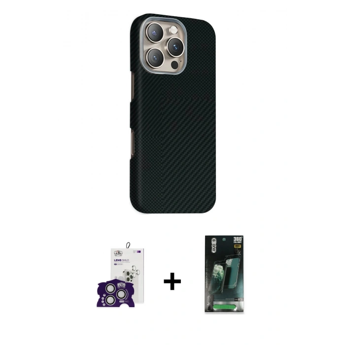 MARSİLYAN™- iPhone 16 Pro Max Kılıf Kozmos Klasik Prime - Siyah 360 Mat Full Body Arka Koruyucu + Bilvis Titan Kamera Lens - GS