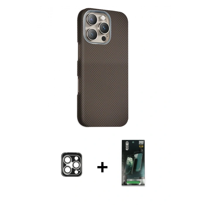MARSİLYAN™- iPhone 16 Pro Max Kılıf Kozmos Klasik Prime - Siyah 360 Mat Full Body Arka Koruyucu + Gümüş PVD Metal Kamera Lens