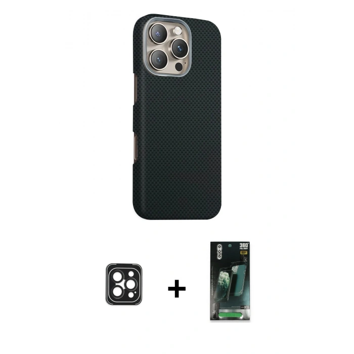 MARSİLYAN™- iPhone 16 Pro Max Kılıf Kozmos Klasik Prime - Siyah 360 Mat Full Body Arka Koruyucu + PVD Metal Kamera Lens - SH