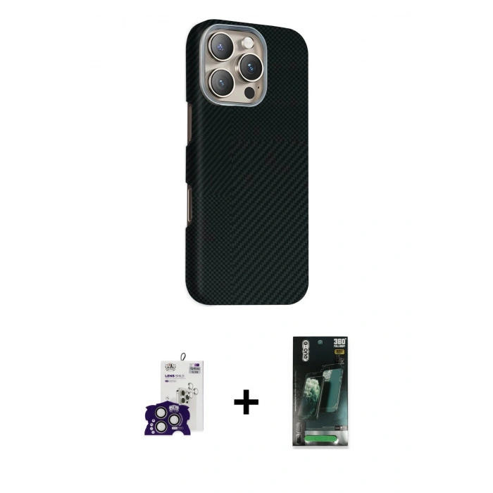 MARSİLYAN™- iPhone 16 Pro Max Kılıf Kozmos Klasik Prime - Siyah 360 Mat Full Body Arka Koruyucu + Bilvis Titan Kamera Lens - TMGI