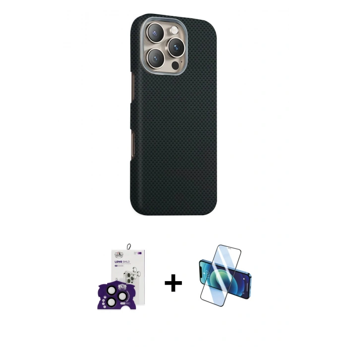 MARSİLYAN™- iPhone 16 Pro Max Kılıf Kozmos Klasik Prime - Siyah 3D Antistatik Cam Ekran Koruyucu + Bilvis Titan Kamera Lens - SH