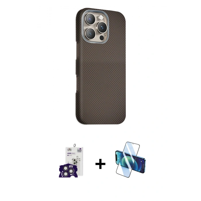MARSİLYAN™- iPhone 16 Pro Max Kılıf Kozmos Klasik Prime - Siyah 3D Antistatik Cam Ekran Koruyucu + Bilvis Titan Kamera Lens - TMGI