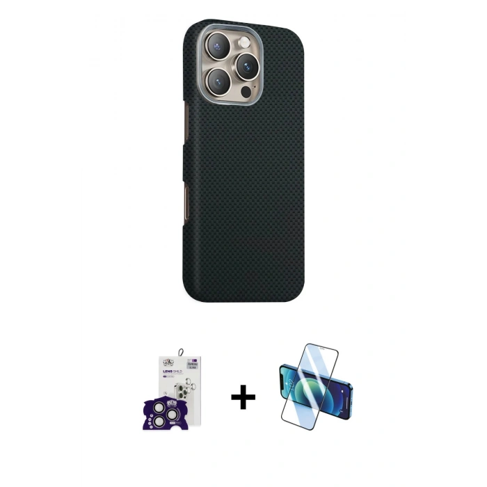 MARSİLYAN™- iPhone 16 Pro Max Kılıf Kozmos Klasik Prime - Siyah 3D Antistatik Cam Ekran Koruyucu + Bilvis Titan Kamera Lens - TMGI