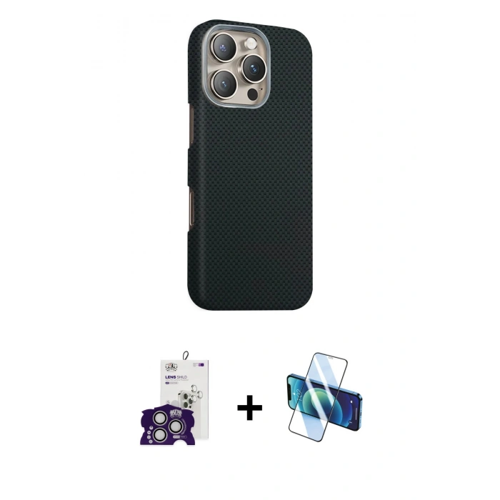 MARSİLYAN™- iPhone 16 Pro Max Kılıf Kozmos Klasik Prime - Siyah 3D Antistatik Cam Ekran Koruyucu + Bilvis Titan Kamera Lens - GS