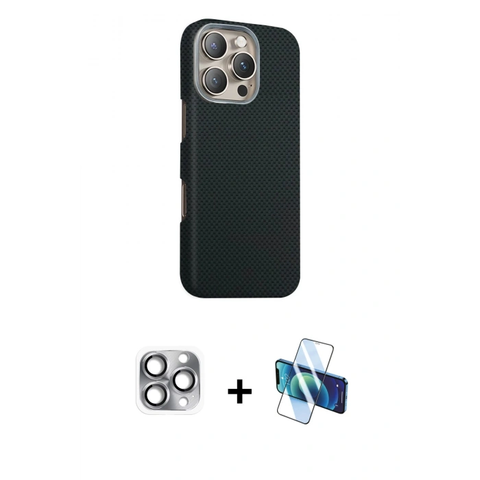 MARSİLYAN™- iPhone 16 Pro Max Kılıf Kozmos Klasik Prime - Siyah 3D Antistatik Cam Ekran Koruyucu + Pers Alüminyum Kamera Lens - GI