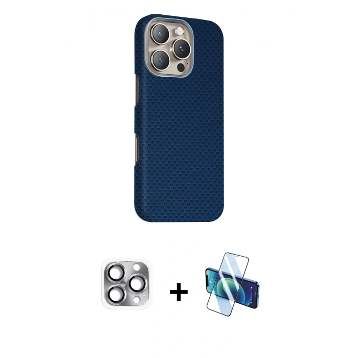 MARSİLYAN™- iPhone 16 Pro Max Kılıf Kozmos Klasik Prime - Siyah 3D Antistatik Cam Ekran Koruyucu + Pers Alüminyum Kamera Lens - GI