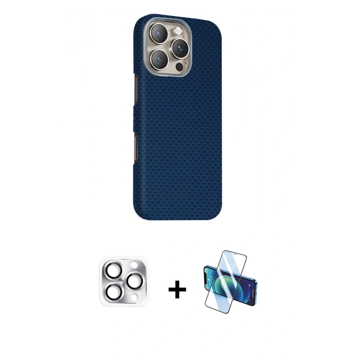 MARSİLYAN™- iPhone 16 Pro Max Kılıf Kozmos Klasik Prime - Siyah 3D Antistatik Cam Ekran Koruyucu + Pers Alüminyum Kamera Lens - GS