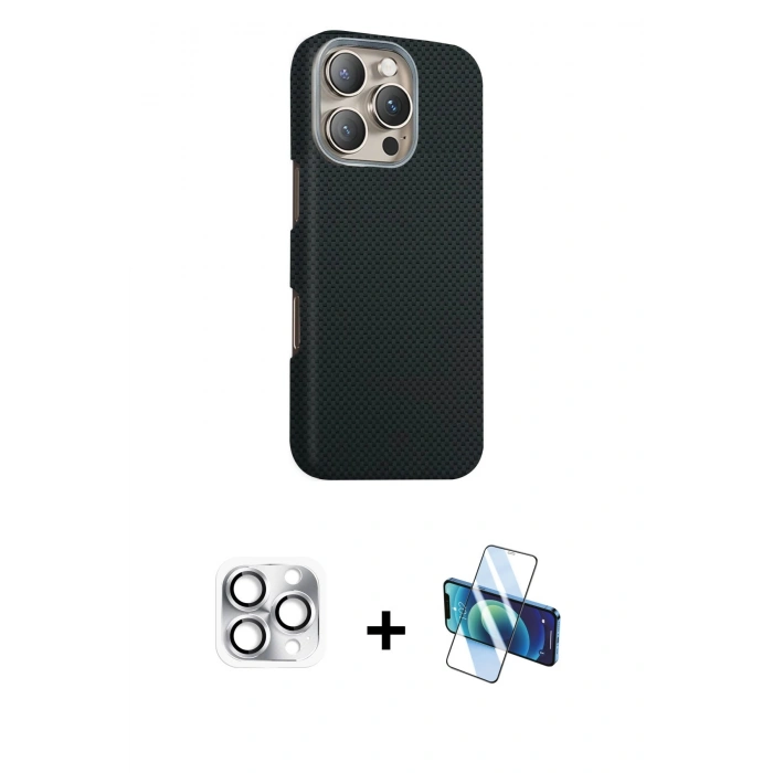 MARSİLYAN™- iPhone 16 Pro Max Kılıf Kozmos Klasik Prime - Siyah 3D Antistatik Cam Ekran Koruyucu + Pers Alüminyum Kamera Lens - GS