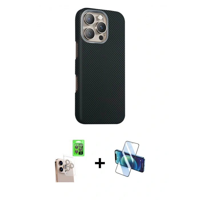 MARSİLYAN™- iPhone 16 Pro Max Kılıf Kozmos Klasik Prime - Siyah 3D Antistatik Cam Ekran Koruyucu + Raze Metal Kamera Lens - NLGY