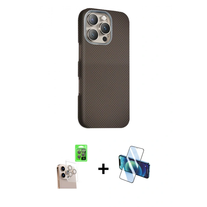 MARSİLYAN™- iPhone 16 Pro Max Kılıf Kozmos Klasik Prime - Siyah 3D Antistatik Cam Ekran Koruyucu + Raze Metal Kamera Lens - NLGY