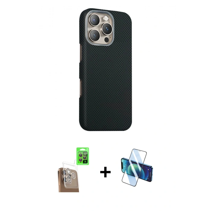 MARSİLYAN™- iPhone 16 Pro Max Kılıf Kozmos Klasik Prime - Siyah 3D Antistatik Cam Ekran Koruyucu + Raze Metal Kamera Lens - CLTM