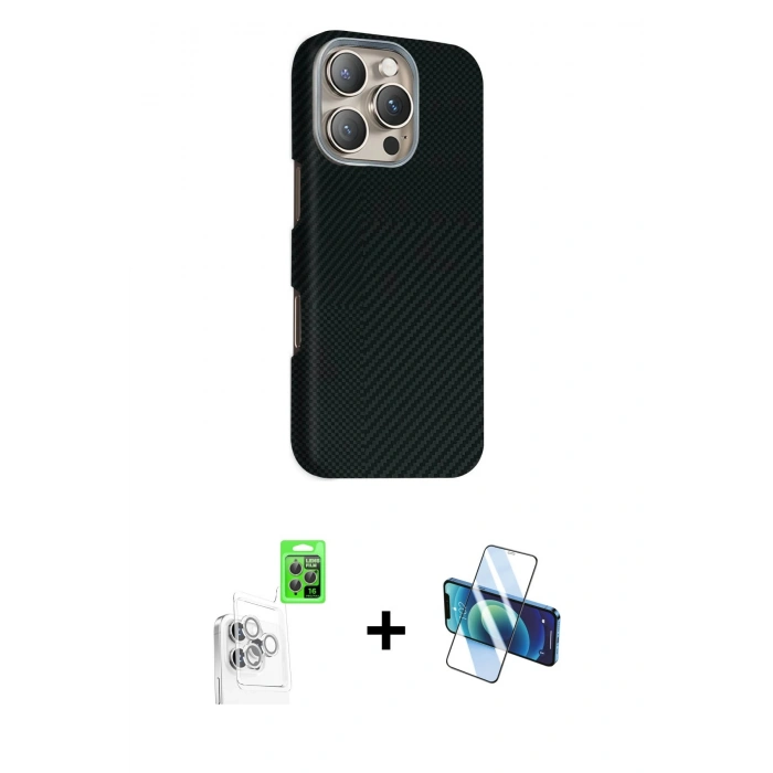 MARSİLYAN™- iPhone 16 Pro Max Kılıf Kozmos Klasik Prime - Siyah 3D Antistatik Cam Ekran Koruyucu + Raze Metal Kamera Lens - BZ