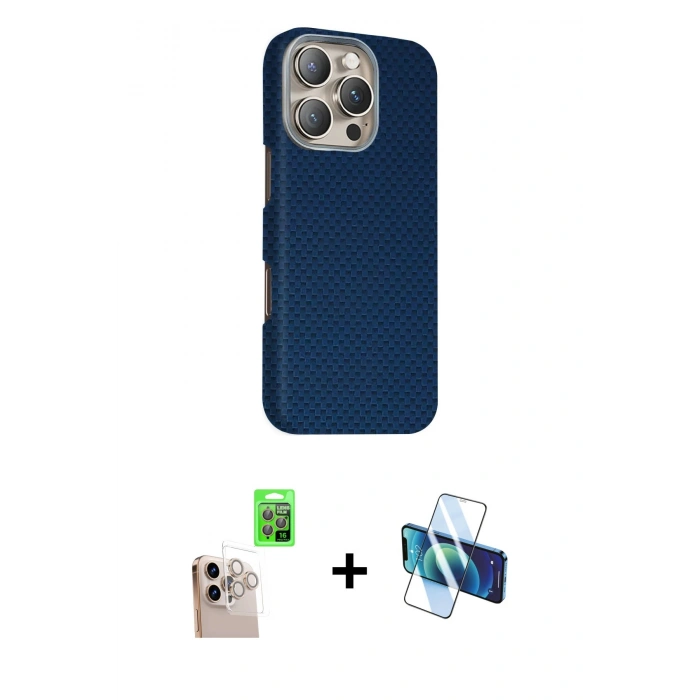 MARSİLYAN™- iPhone 16 Pro Max Kılıf Kozmos Klasik Prime - Siyah 3D Antistatik Cam Ekran Koruyucu + Raze Metal Kamera Lens - NLGY