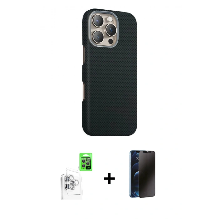 MARSİLYAN™- iPhone 16 Pro Max Kılıf Kozmos Klasik Prime - Siyah 3D Antistatik Hayalet Cam Ekran Koruyucu + Raze Metal Kamera Lens - BZ