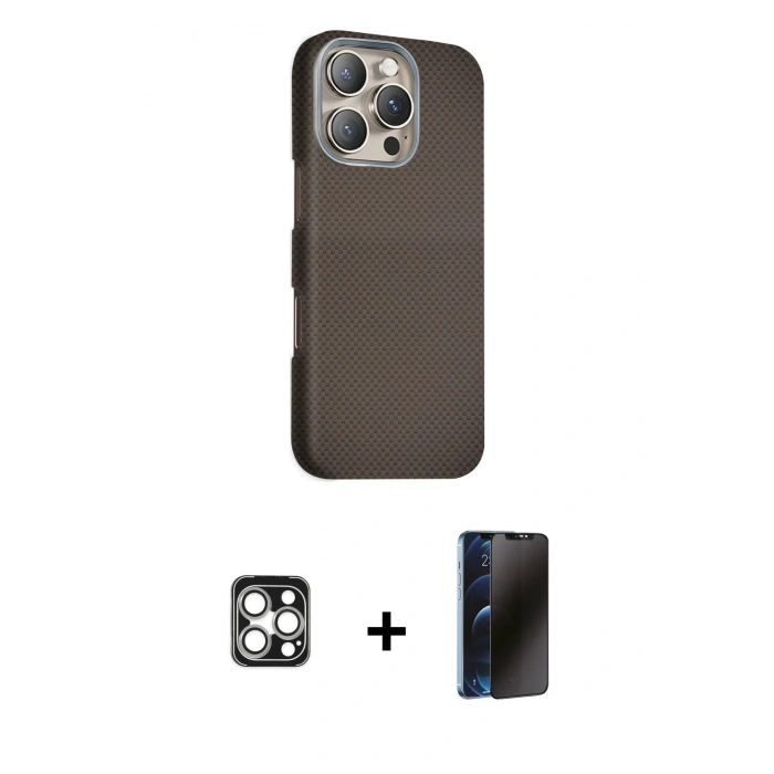 MARSİLYAN™- iPhone 16 Pro Max Kılıf Kozmos Klasik Prime - Siyah 3D Antistatik Hayalet Cam Ekran Koruyucu + PVD Metal Kamera Lens - GS