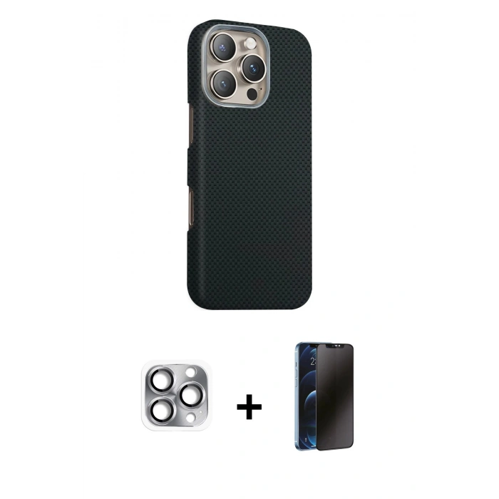 MARSİLYAN™- iPhone 16 Pro Max Kılıf Kozmos Klasik Prime - Siyah 3D Antistatik Hayalet Cam Ekran Koruyucu + Pers Alüminyum Kamera Lens - GI