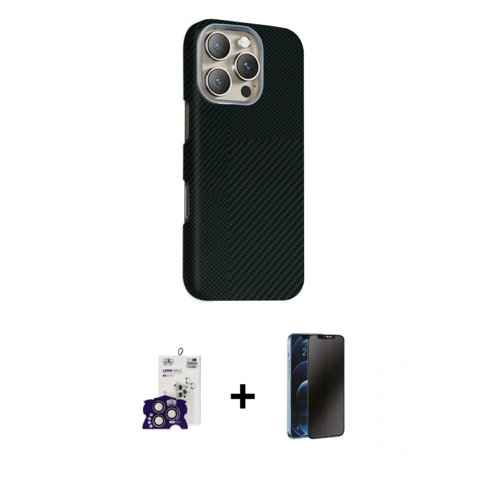 MARSİLYAN™- iPhone 16 Pro Max Kılıf Kozmos Klasik Prime - Siyah 3D Antistatik Hayalet Cam Ekran Koruyucu + Bilvis Titan Kamera Lens - TMGI