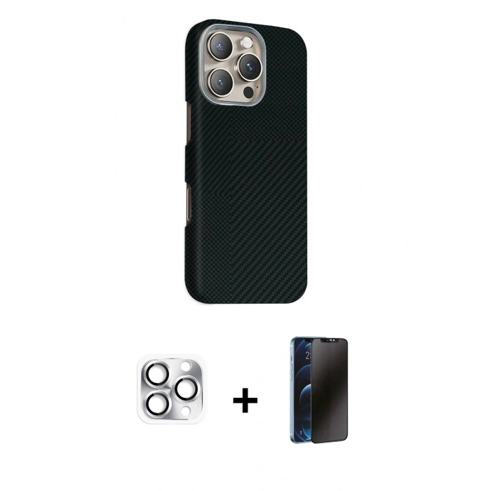 MARSİLYAN™- iPhone 16 Pro Max Kılıf Kozmos Klasik Prime - Siyah 3D Antistatik Hayalet Cam Ekran Koruyucu + Pers Alüminyum Kamera Lens - GS