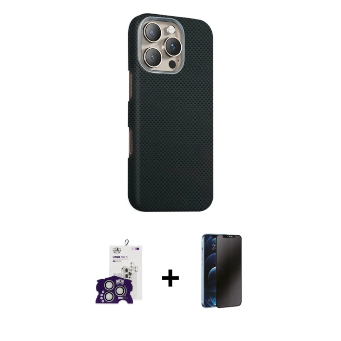 MARSİLYAN™- iPhone 16 Pro Max Kılıf Kozmos Klasik Prime - Siyah 3D Antistatik Hayalet Cam Ekran Koruyucu + Bilvis Titan Kamera Lens - GS