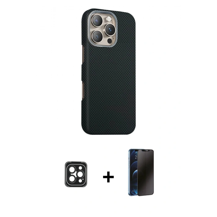 MARSİLYAN™- iPhone 16 Pro Max Kılıf Kozmos Klasik Prime - Siyah 3D Antistatik Hayalet Cam Ekran Koruyucu + PVD Metal Kamera Lens - SH