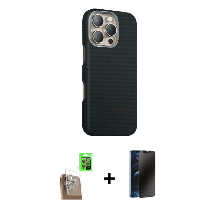 MARSİLYAN™- iPhone 16 Pro Max Kılıf Kozmos Klasik Prime - Siyah 3D Antistatik Hayalet Cam Ekran Koruyucu + Raze Metal Kamera Lens - CLTM