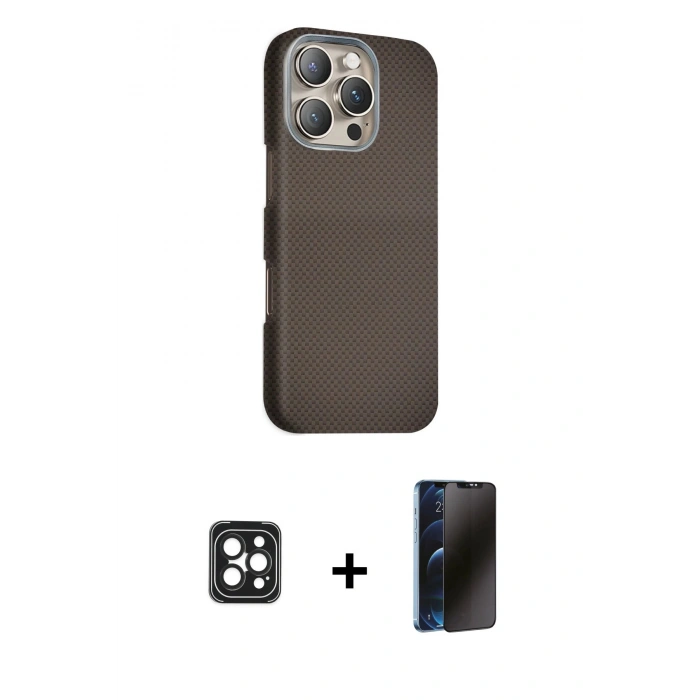 MARSİLYAN™- iPhone 16 Pro Max Kılıf Kozmos Klasik Prime - Siyah 3D Antistatik Hayalet Cam Ekran Koruyucu + PVD Metal Kamera Lens - SH