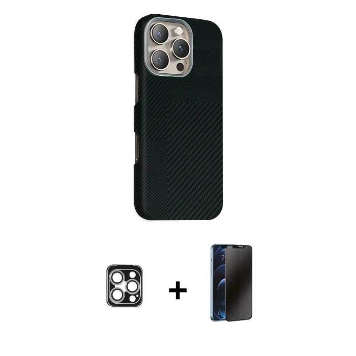 MARSİLYAN™- iPhone 16 Pro Max Kılıf Kozmos Klasik Prime - Siyah 3D Antistatik Hayalet Cam Ekran Koruyucu + PVD Metal Kamera Lens - GS