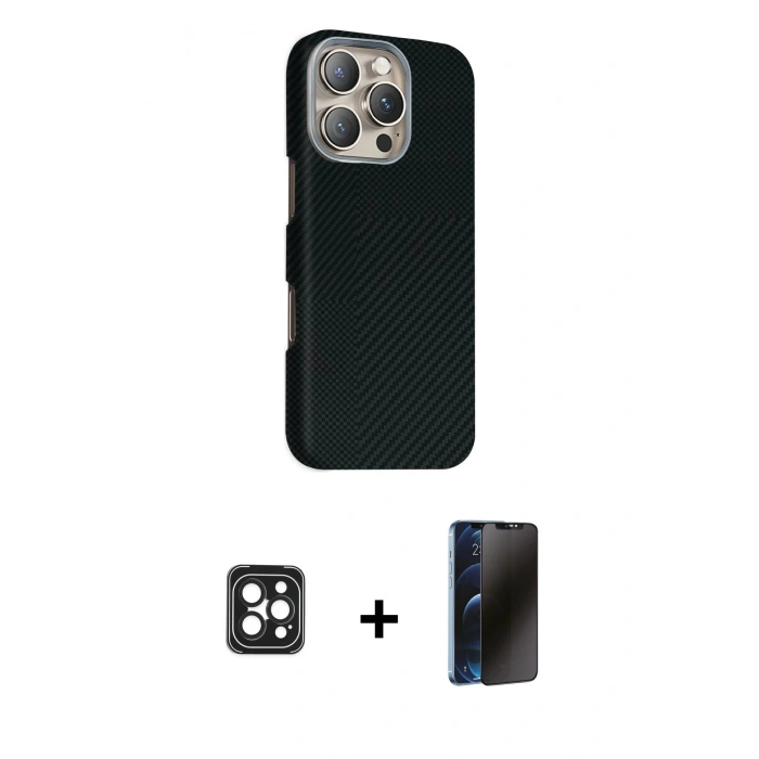 MARSİLYAN™- iPhone 16 Pro Max Kılıf Kozmos Klasik Prime - Siyah 3D Antistatik Hayalet Cam Ekran Koruyucu + PVD Metal Kamera Lens - SH