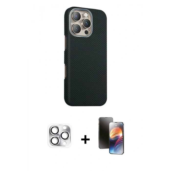 MARSİLYAN™- iPhone 16 Pro Max Kılıf Kozmos Klasik Prime - Siyah 3D Antistatik Mat Seramik Nano Ekran Koruyucu + Gümüş Pers Alüminyum Kamera Lens