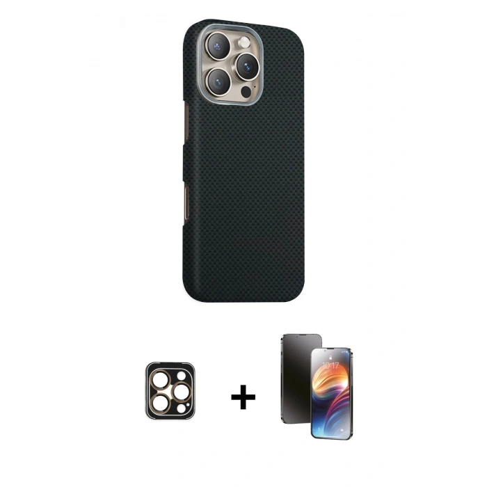 MARSİLYAN™- iPhone 16 Pro Max Kılıf Kozmos Klasik Prime - Siyah 3D Antistatik Mat Seramik Nano Ekran Koruyucu + Gold PVD Metal Kamera Lens