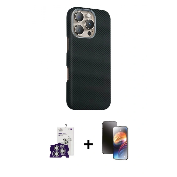 MARSİLYAN™- iPhone 16 Pro Max Kılıf Kozmos Klasik Prime - Siyah 3D Antistatik Mat Seramik Nano Ekran Koruyucu + Gümüş Bilvis Titan Kamera Lens