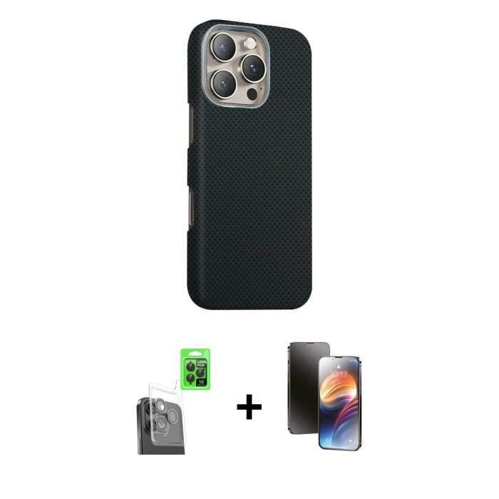 MARSİLYAN™- iPhone 16 Pro Max Kılıf Kozmos Klasik Prime - Siyah 3D Antistatik Mat Seramik Nano Ekran Koruyucu + Siyah Raze Metal Kamera Lens