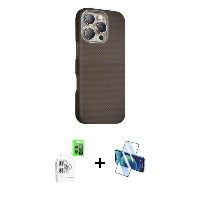 MARSİLYAN™- iPhone 16 Pro Max Kılıf Kozmos Klasik Prime - Siyah 3D Antistatik Seramik Nano Ekran Koruyucu + Raze Metal Kamera Lens - BZ